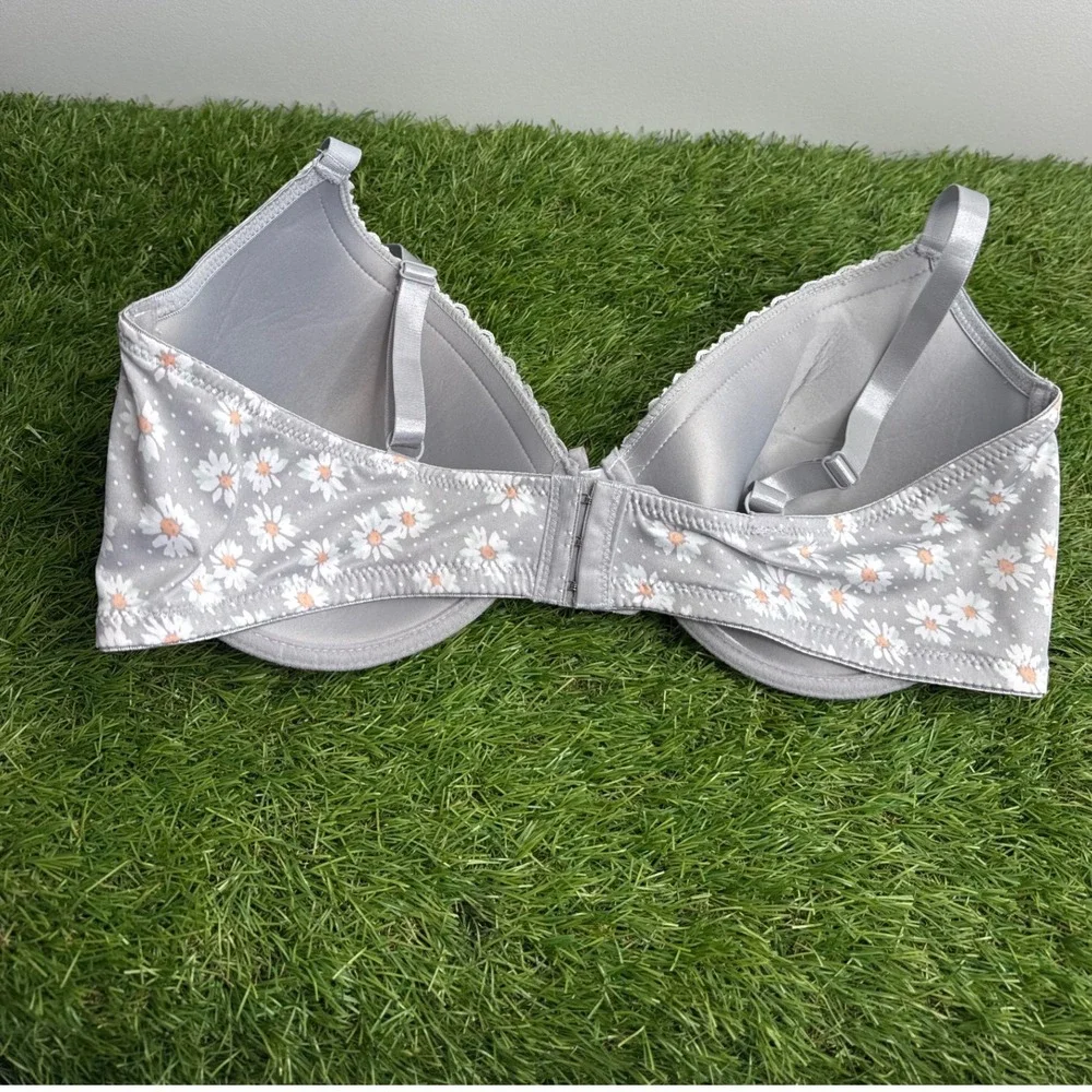 Just Be Women Gray Daisy Floral Polka Dot Underwire‎ Bra Lace Trim 42D